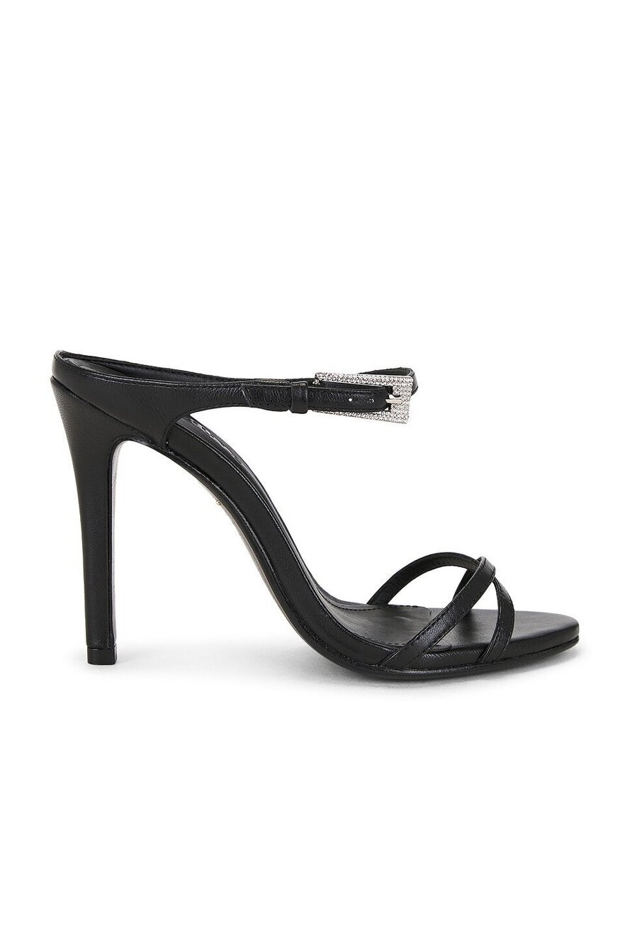 Schutz Aileen Glam Sandal in Black leather high stiletto heel almond toe slip-on
